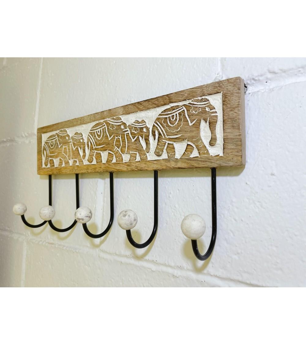 Dcasa Perchero Pared 5 Colgador Madera Tallada Elefante 38x18 Cm