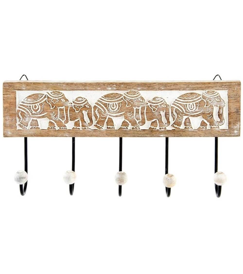 Dcasa Perchero pared 5 colgador madera tallada elefante 38x18 cm