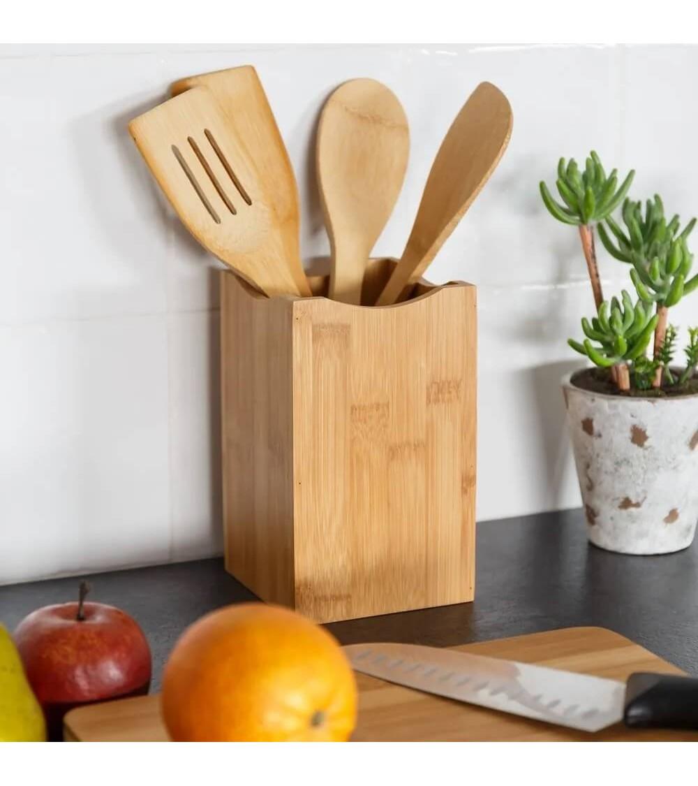 Dcasa Porta Utensilios Marrón De Bambú Incluido 4 Utensilios Tipicos