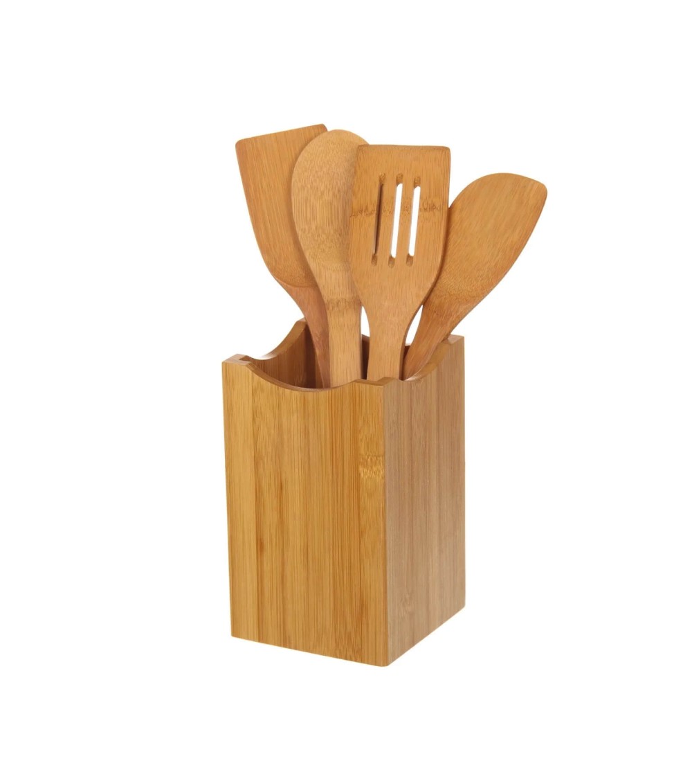 Dcasa Porta utensilios marrón de bambú incluido 4 utensilios tipicos