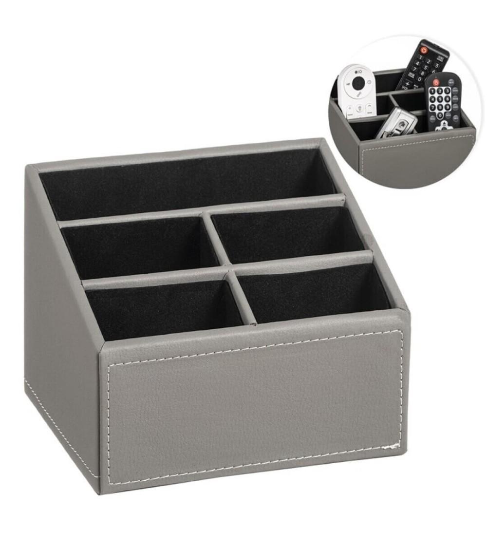 Dcasa Portamandos gris efecto piel soporte para mando a distancia con 5 bolsillos