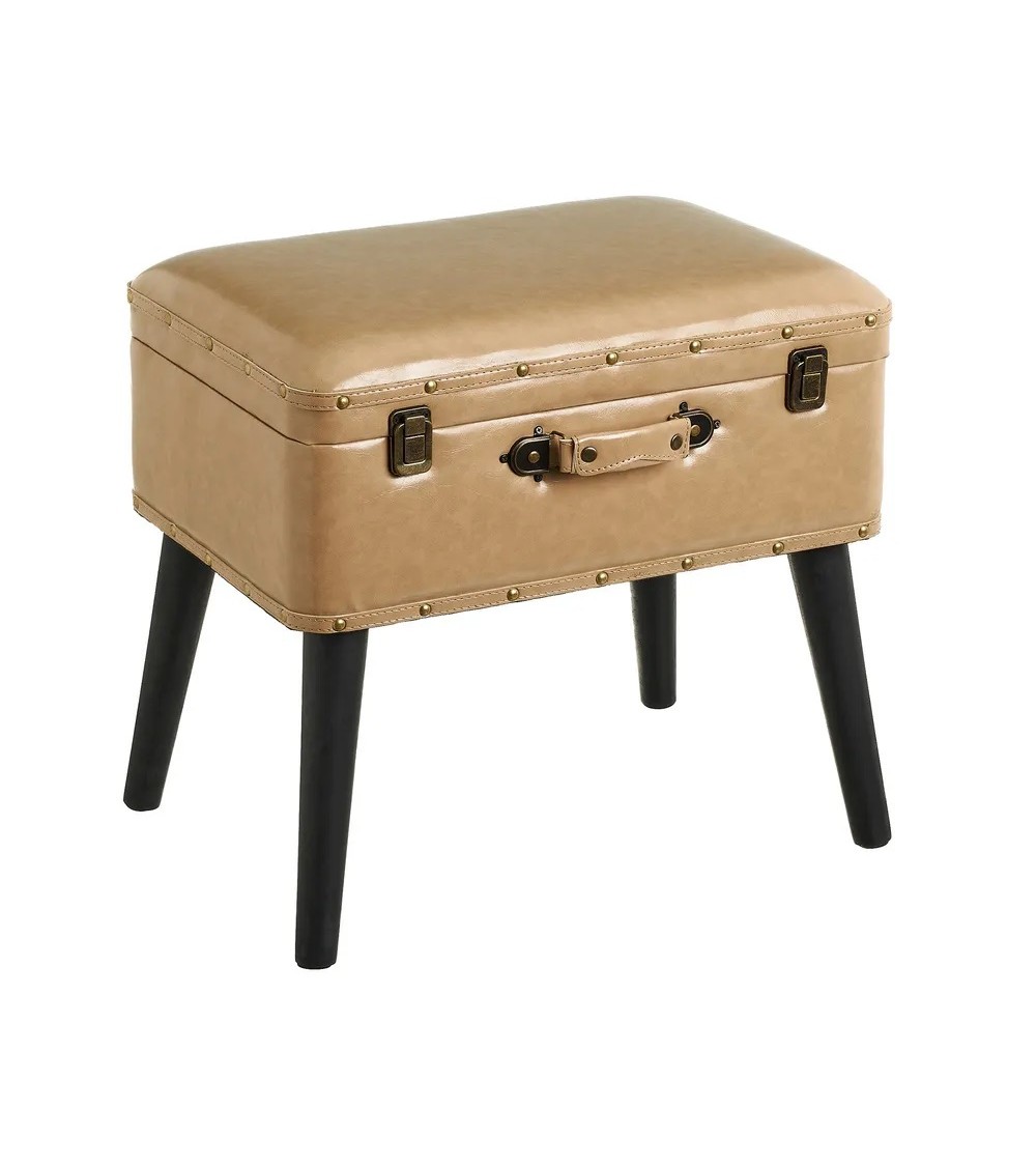 Dcasa Puff arcón beige de madera y polipiel de 50x35x46 cm