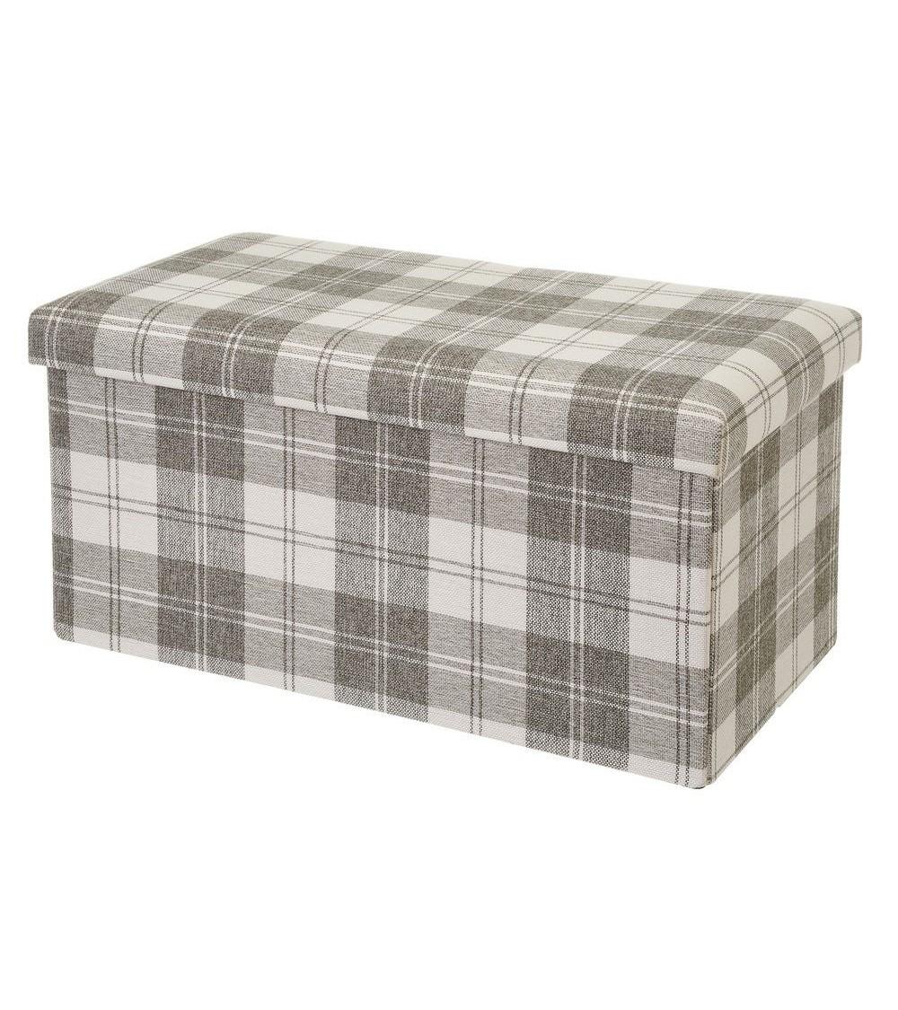 Dcasa Púff arcón de cuadros beige y marrón de tela y MDF de 76x38x38 cm