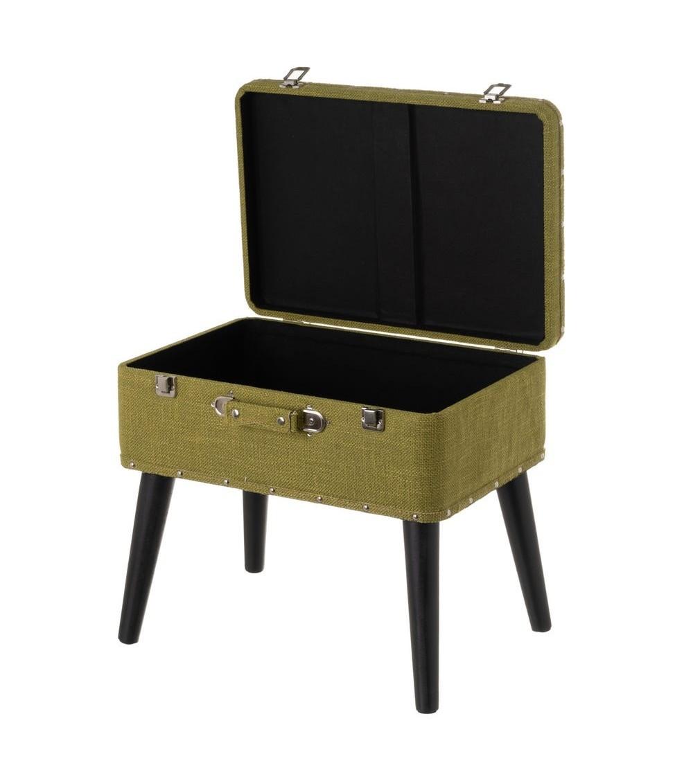 Dcasa Puff Arcón Maleta Verde De Tela Y Madera De 50x35x46 Cm