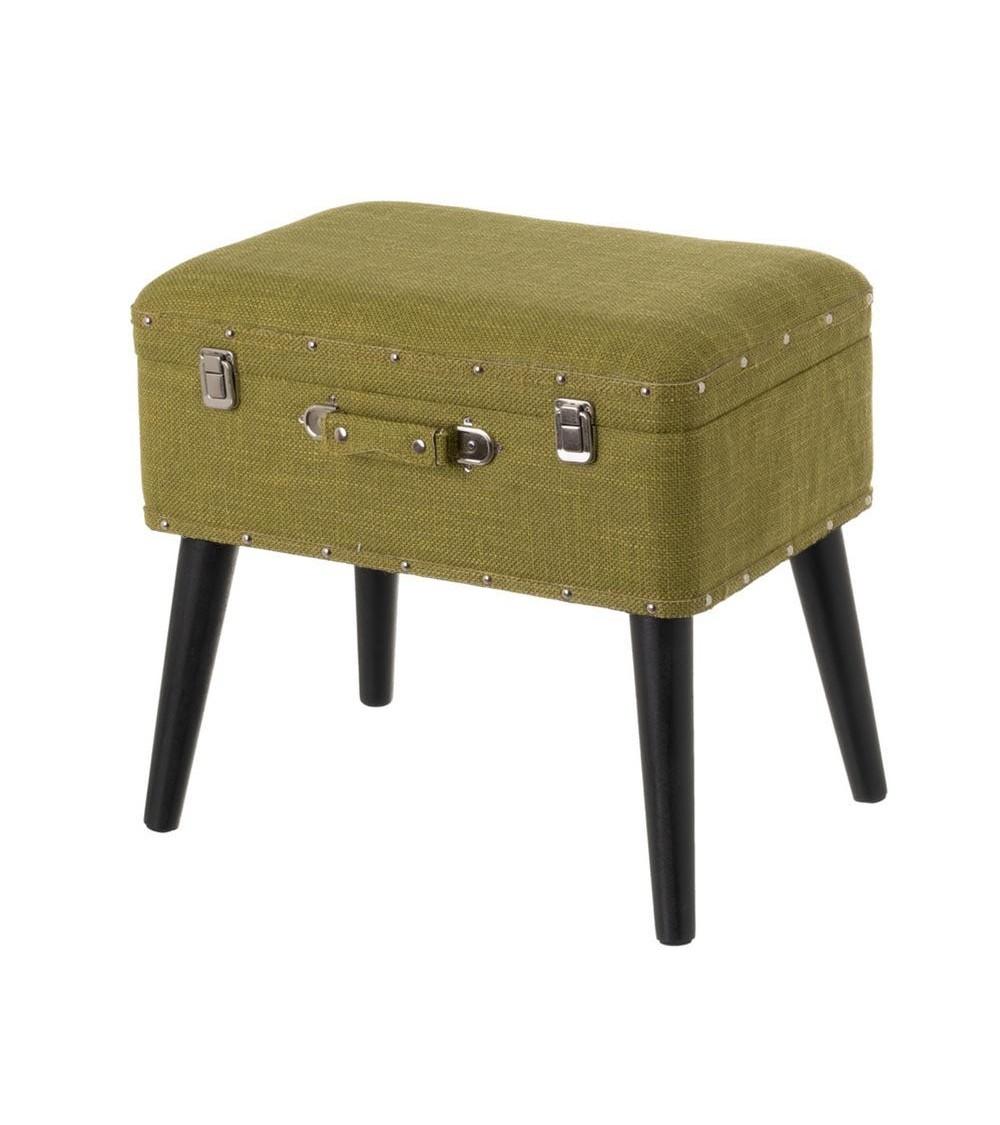Dcasa Puff arcón maleta verde de tela y madera de 50x35x46 cm