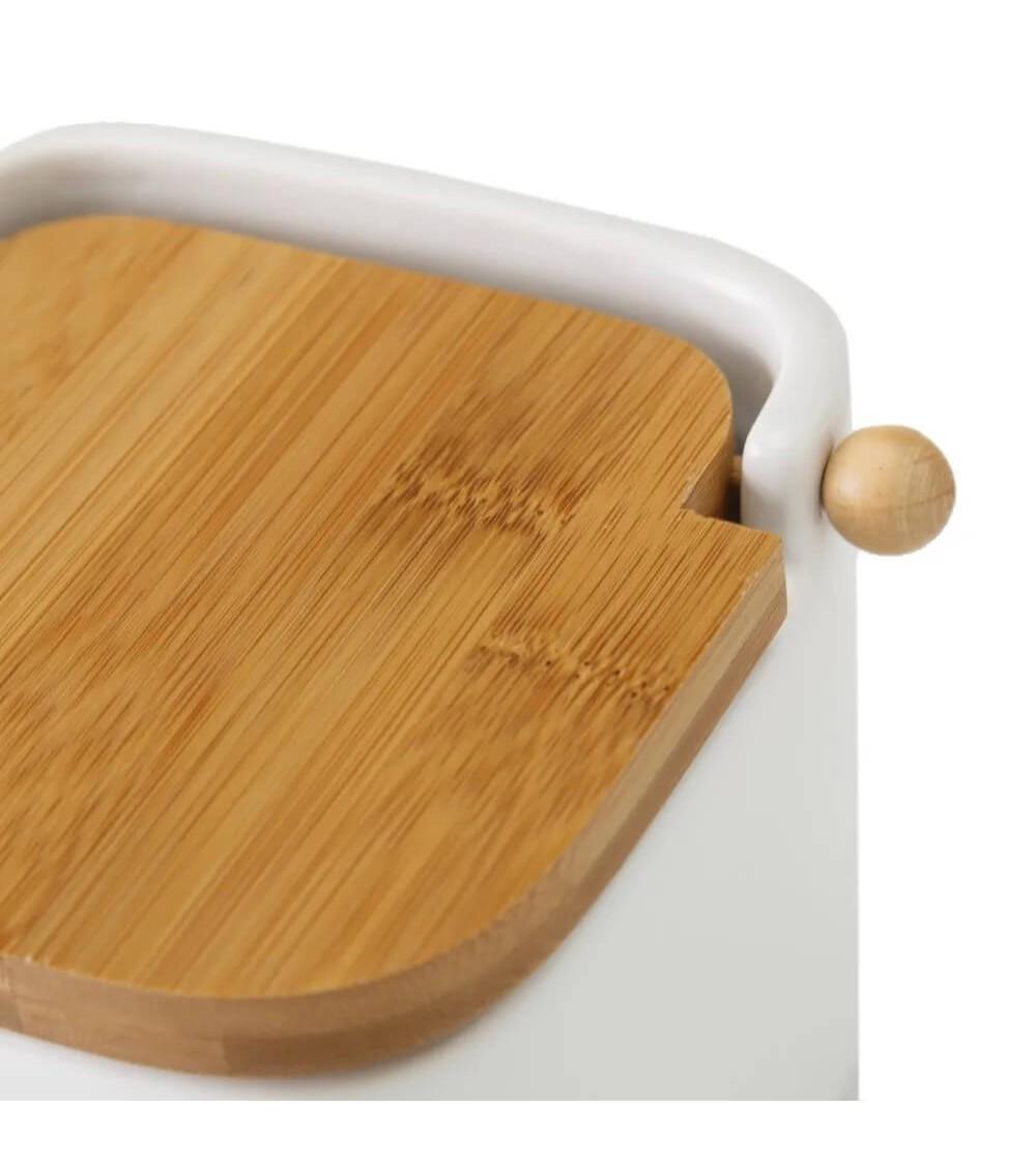 Dcasa Salero Con Tapa De Bambú Y Cerámica Blanco De 12x12x11 Cm