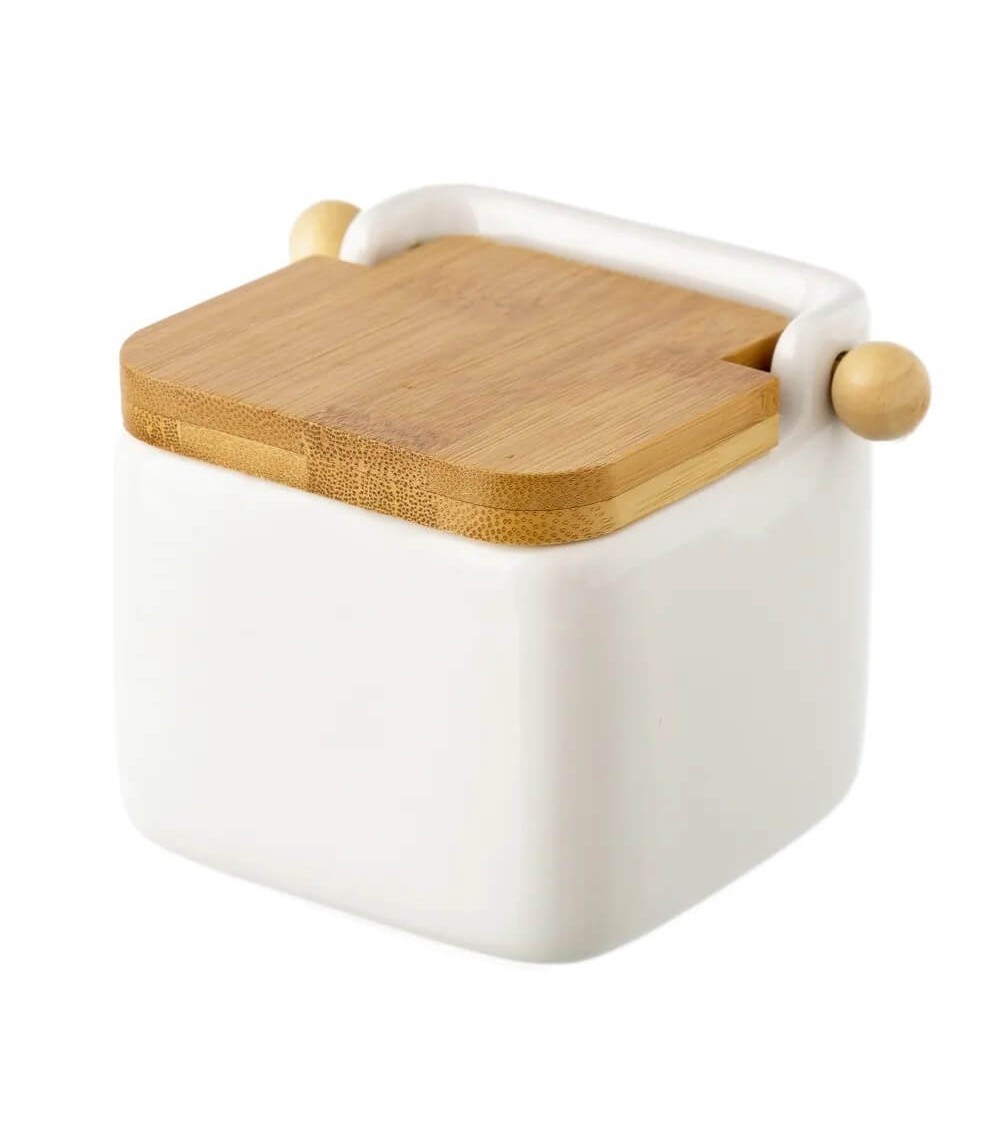 Dcasa Salero Con Tapa De Bambú Y Cerámica Blanco De 12x12x11 Cm