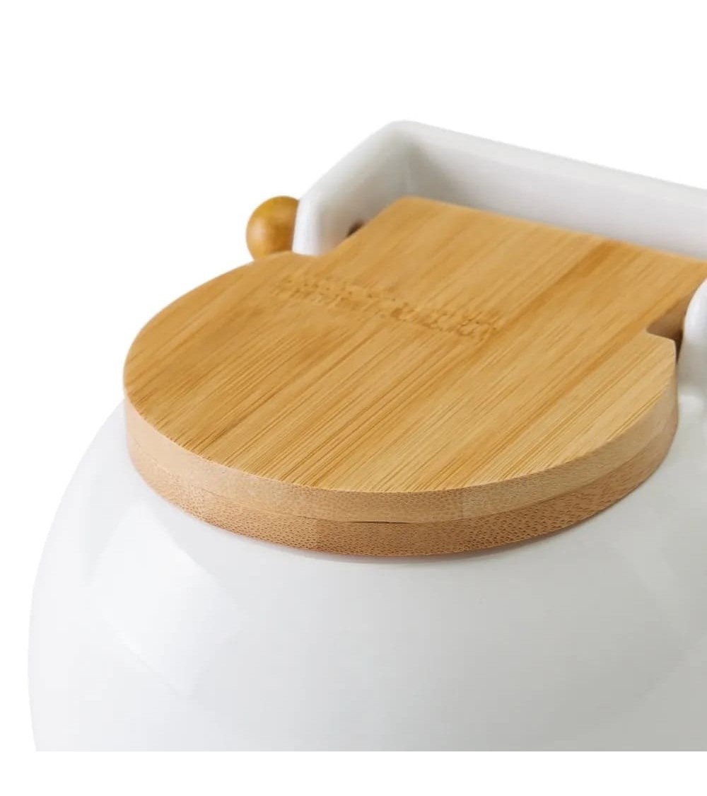 Dcasa Salero Con Tapa De Bambú Y Cerámica Blanco De 13x12x11 Cm