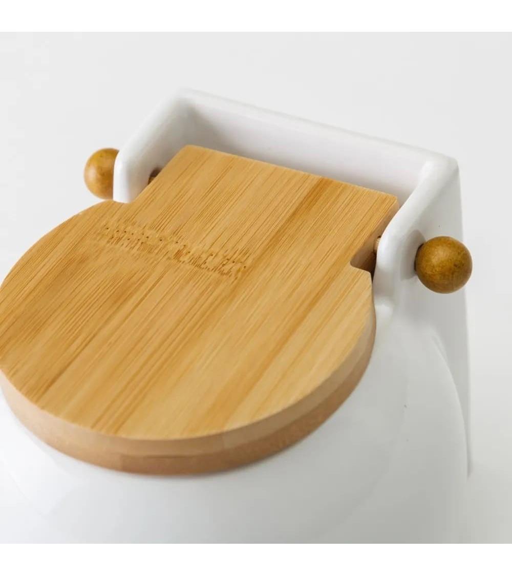 Dcasa Salero Con Tapa De Bambú Y Cerámica Blanco De 13x12x11 Cm