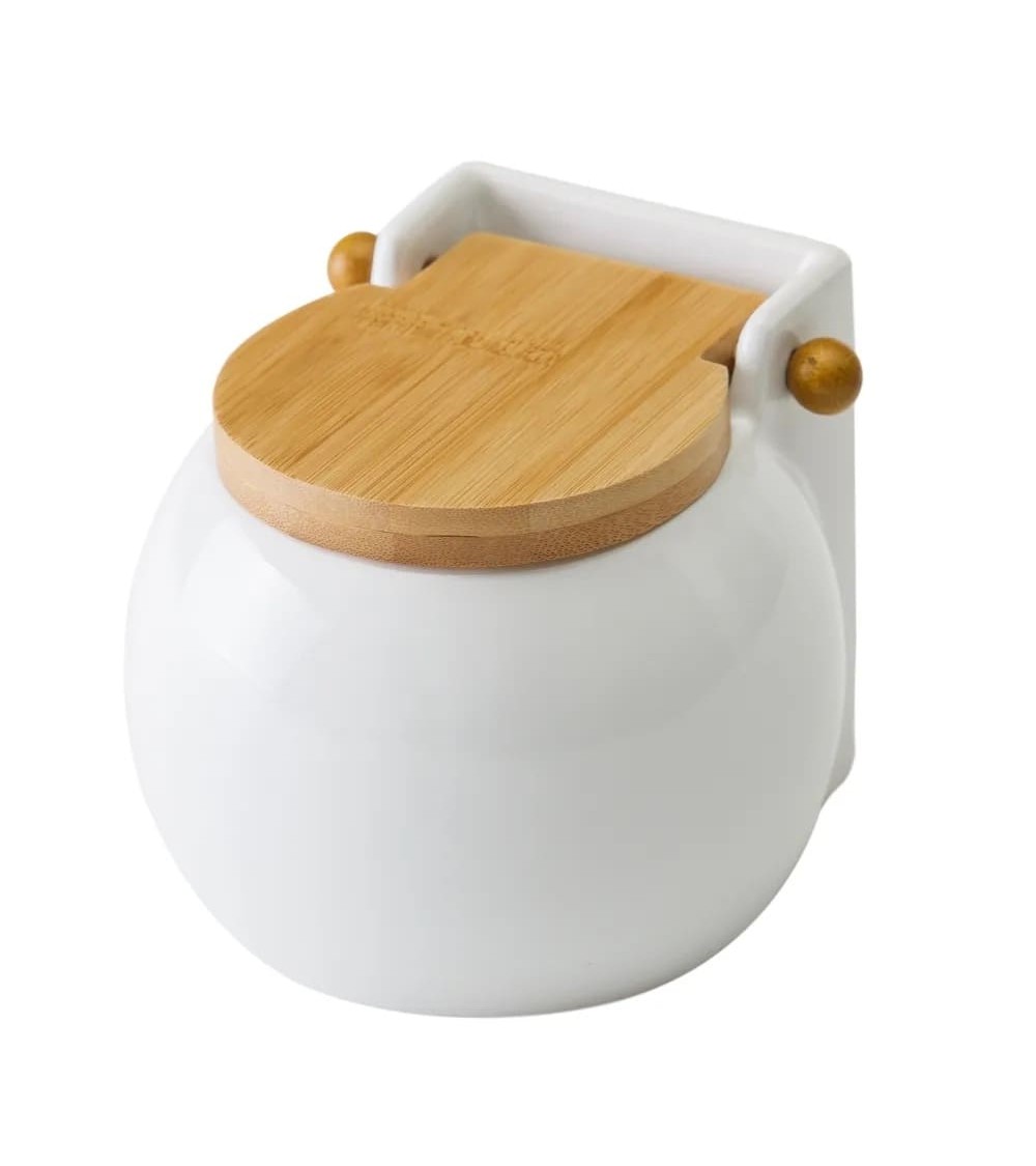 Dcasa Salero con tapa de bambú y cerámica blanco de 13x12x11 cm
