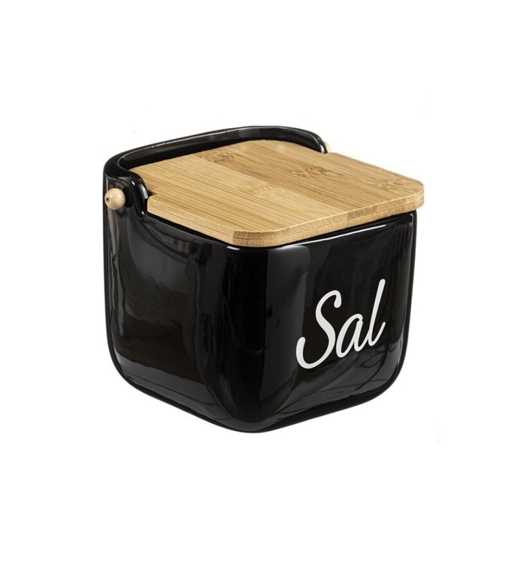 Dcasa Salero con tapa de bambú y cerámica negro de 11x11x9 cm