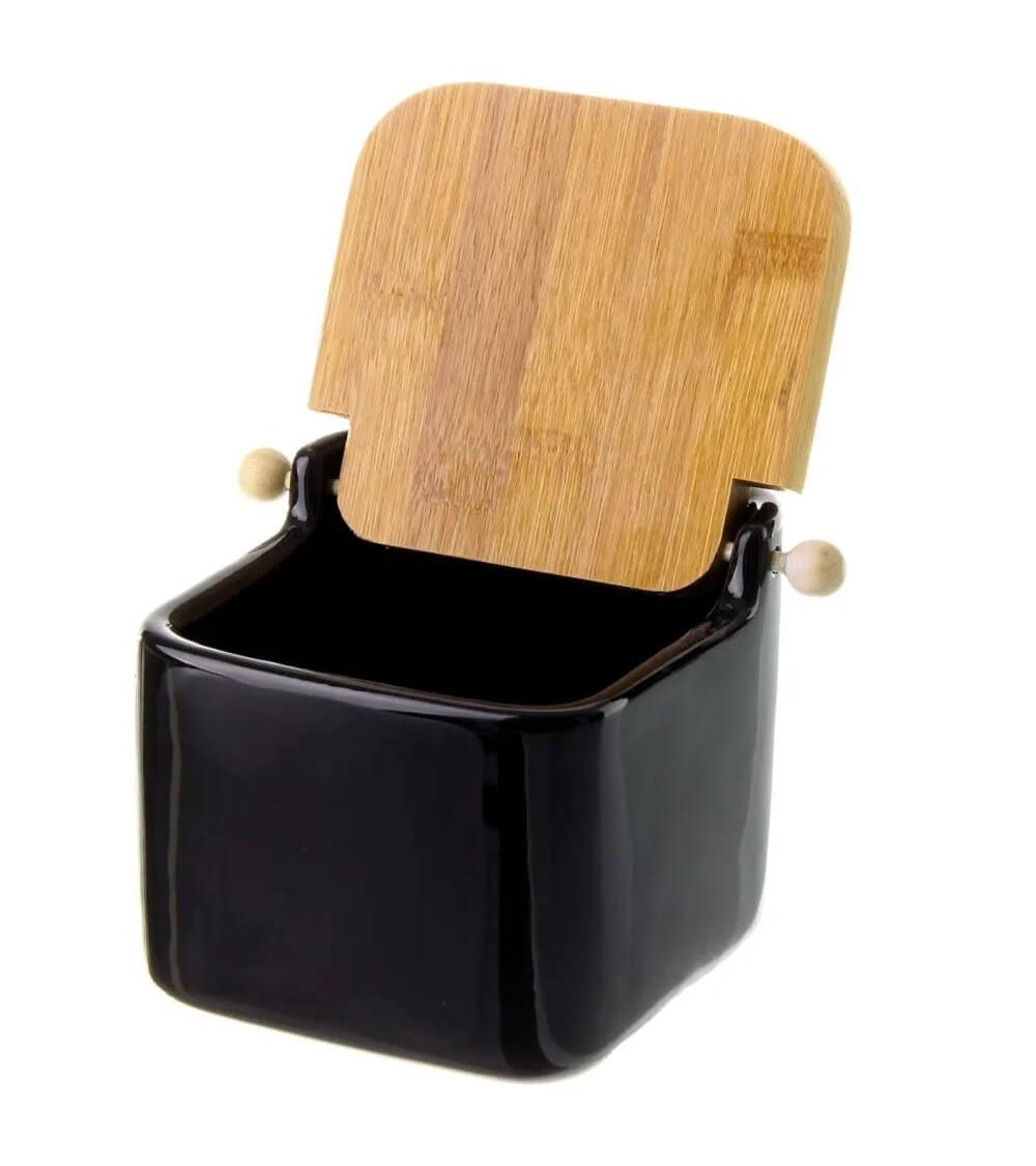 Dcasa Salero Con Tapa De Bambú Y Cerámica Negro De 12x12x11 Cm