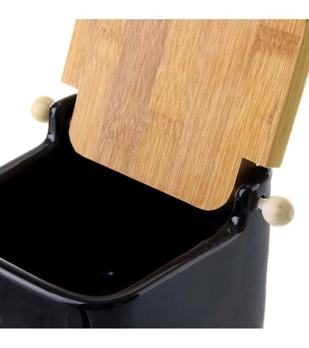 Dcasa Salero Con Tapa De Bambú Y Cerámica Negro De 12x12x11 Cm