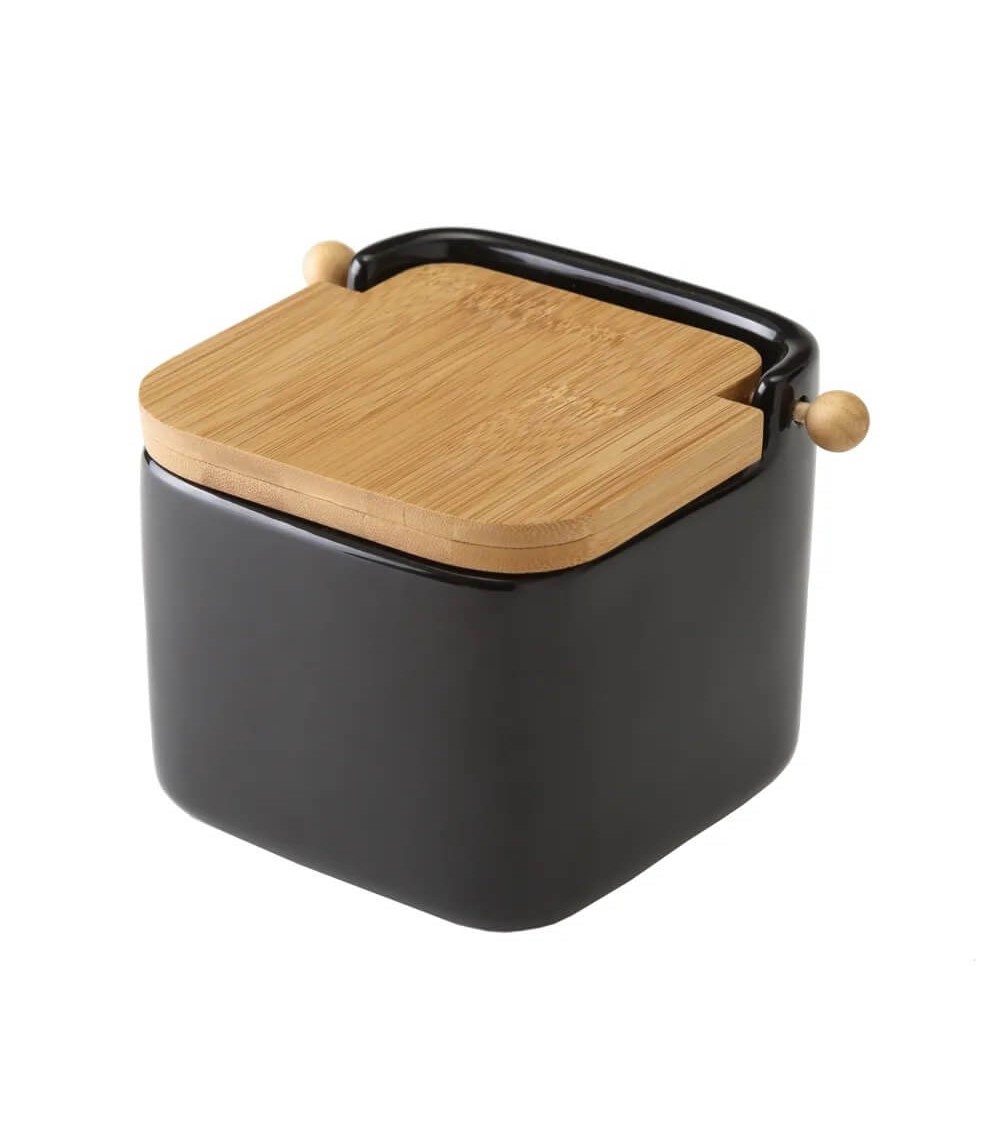 Dcasa Salero con tapa de bambú y cerámica negro de 12x12x11 cm