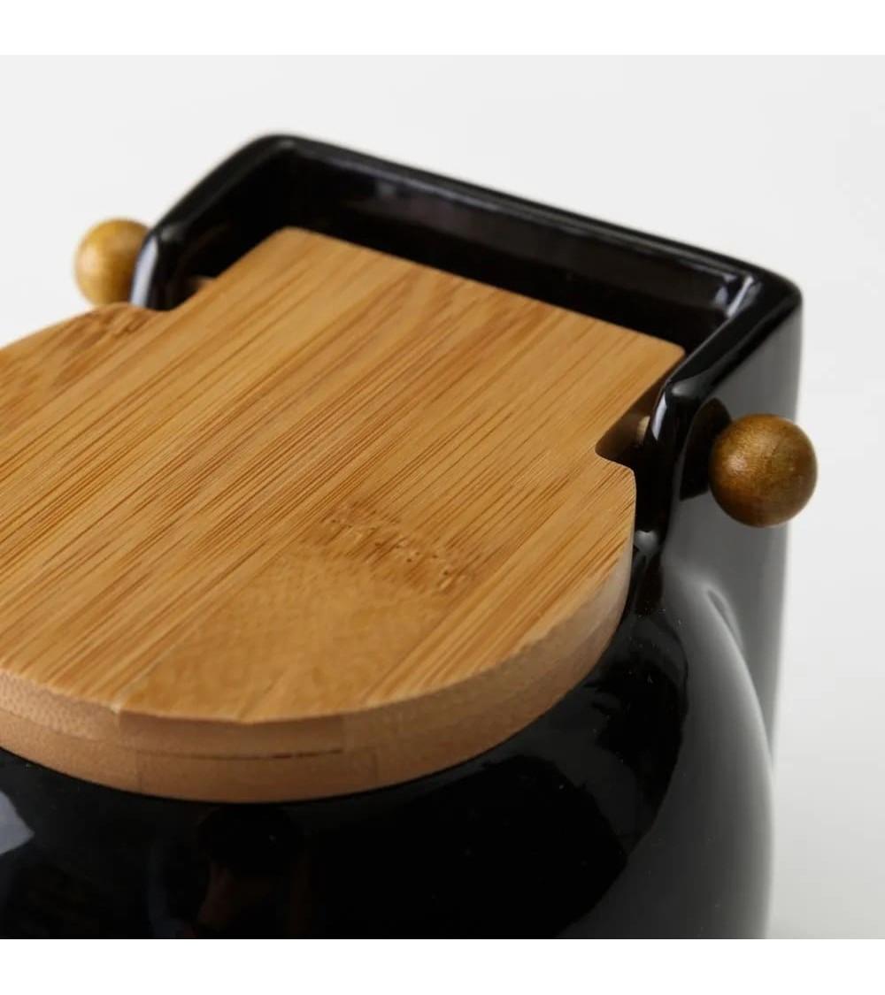 Dcasa Salero Con Tapa De Bambú Y Cerámica Negro De 13x12x11 Cm