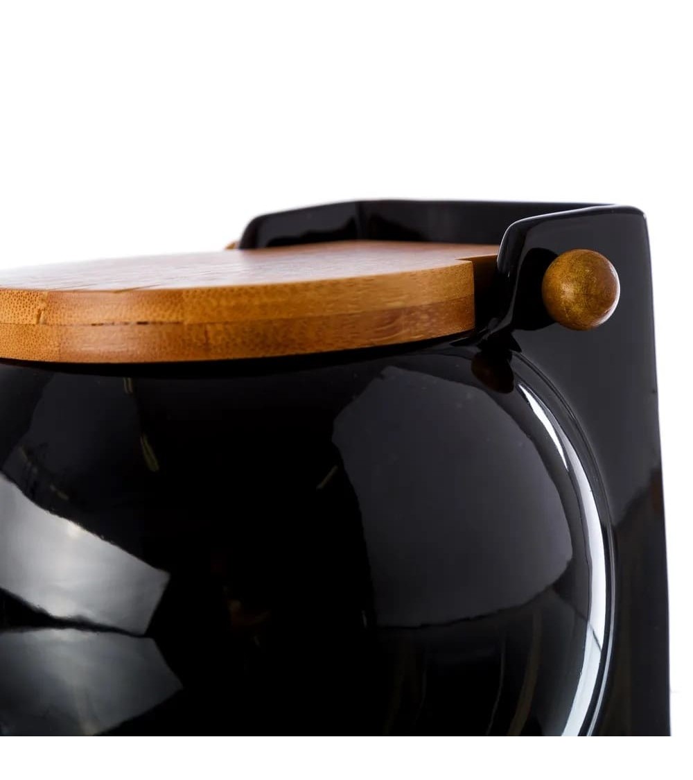 Dcasa Salero Con Tapa De Bambú Y Cerámica Negro De 13x12x11 Cm