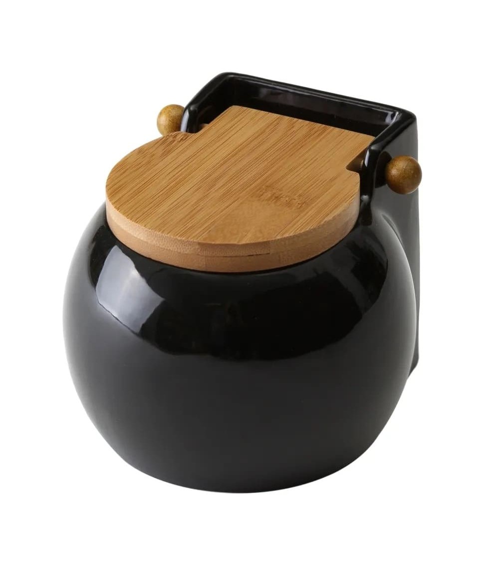 Dcasa Salero con tapa de bambú y cerámica negro de 13x12x11 cm