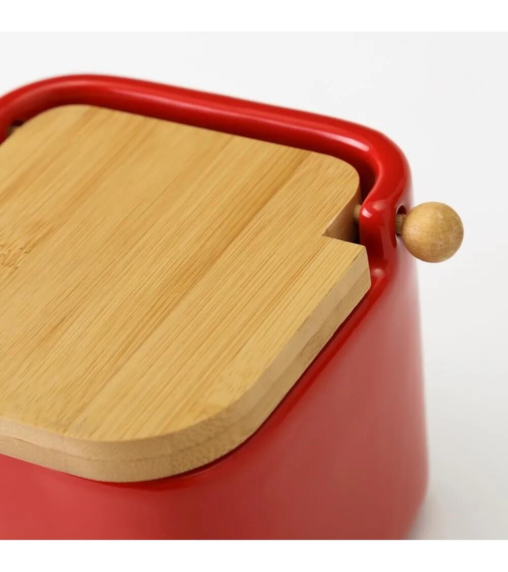 Dcasa Salero Con Tapa De Bambú Y Cerámica Rojo De 12x12x11 Cm