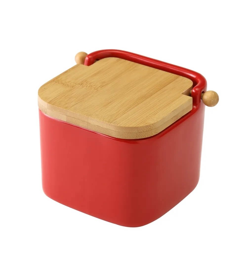 Dcasa Salero con tapa de bambú y cerámica rojo de 12x12x11 cm
