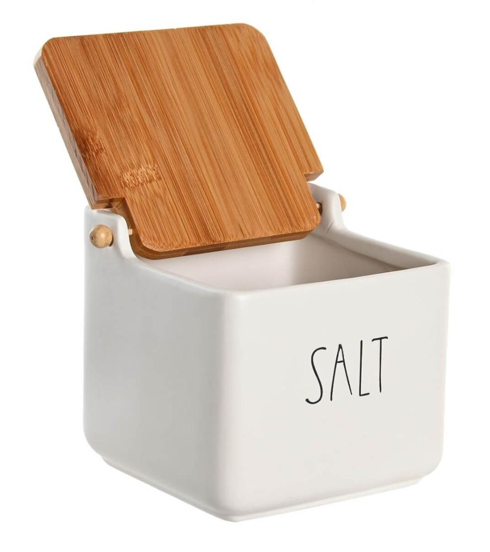 Dcasa Salero De Cocina Clasicos SALT De Ceramica Con Tapa De Madera Bambu