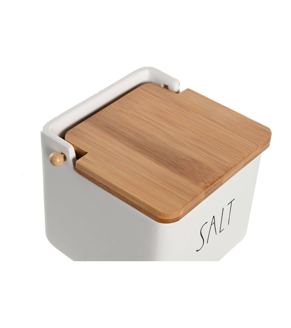 Dcasa Salero De Cocina Clasicos SALT De Ceramica Con Tapa De Madera Bambu
