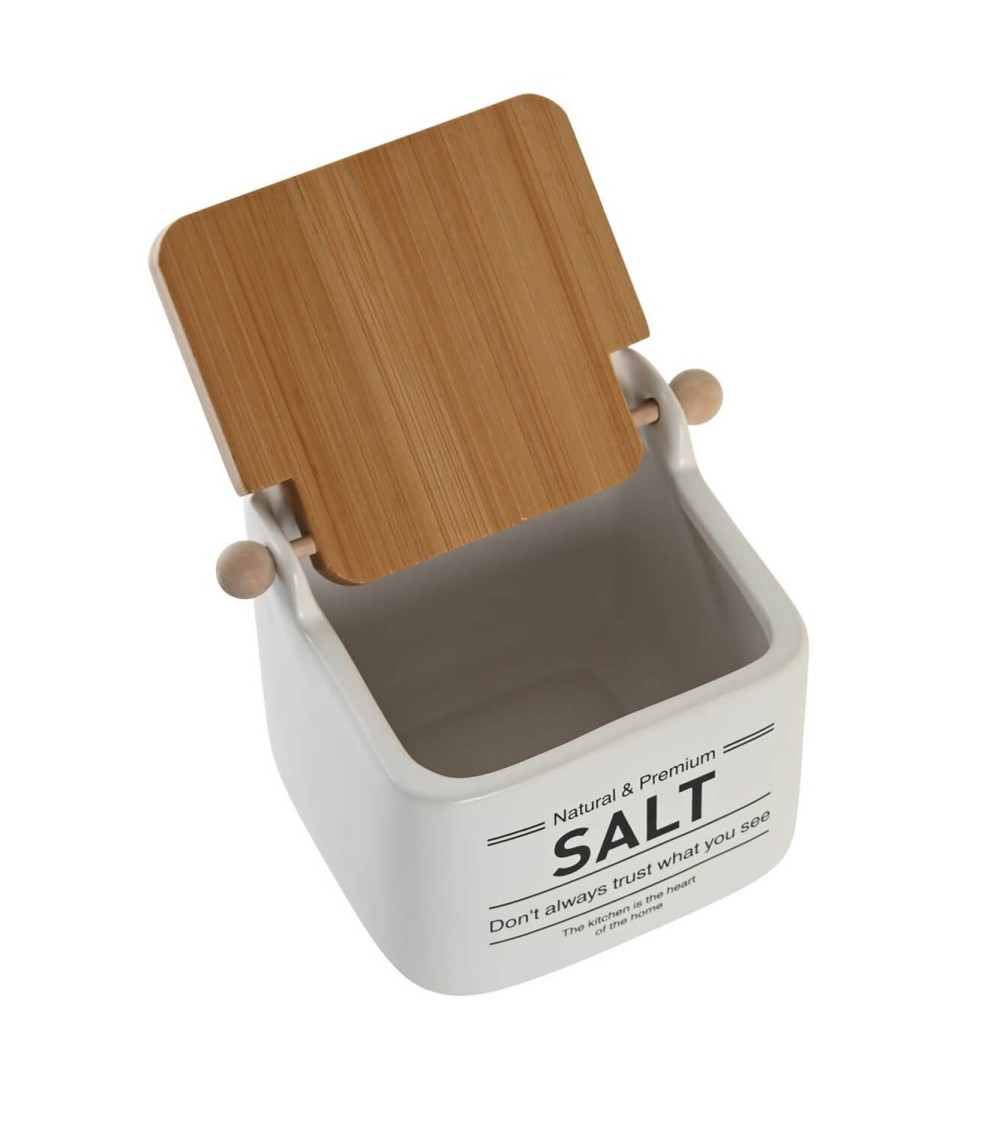 Dcasa Salero De Cocina Clasicos SALT De Ceramica Con Tapa De Madera Bambu