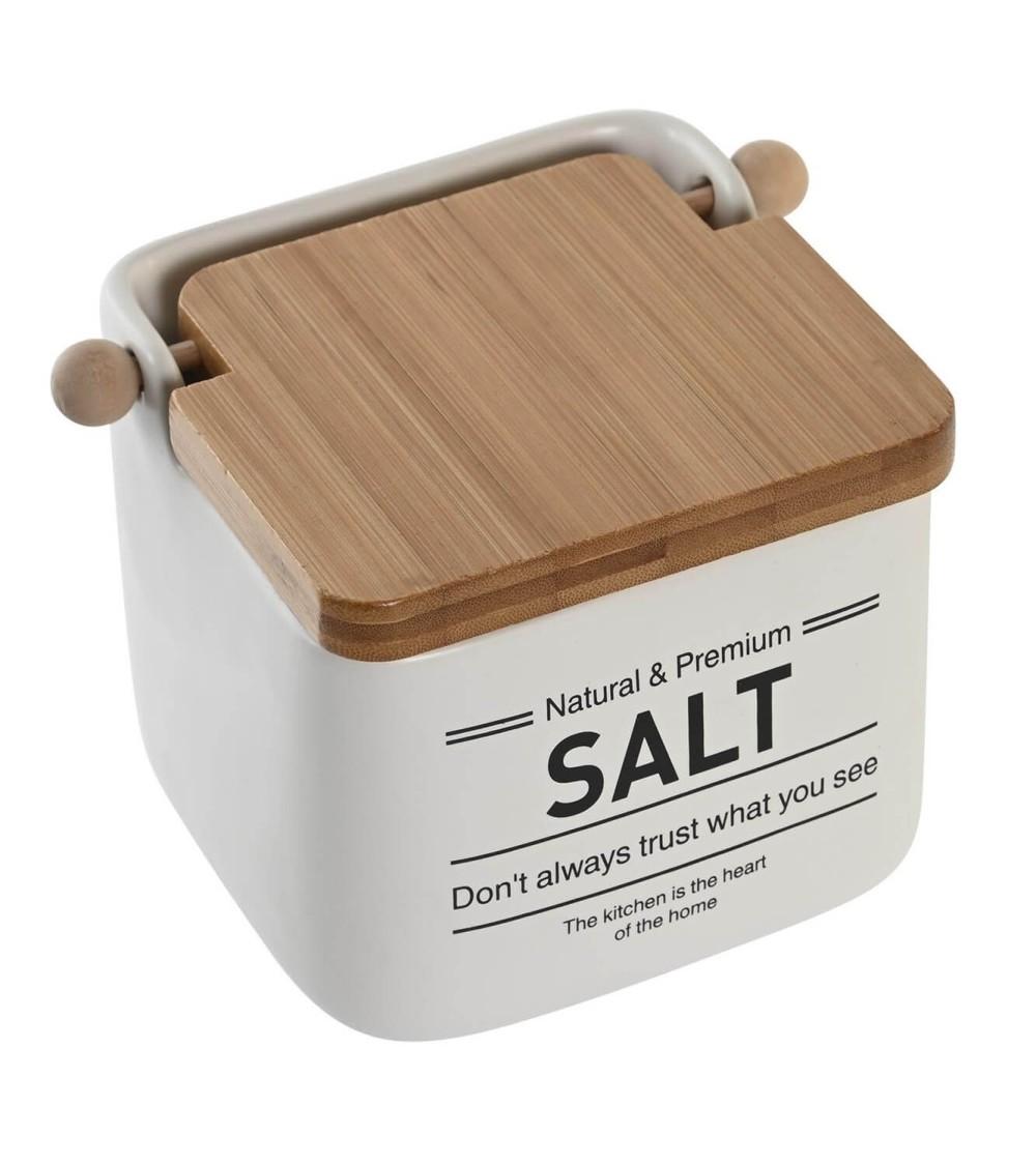 Dcasa Salero De Cocina Clasicos SALT De Ceramica Con Tapa De Madera Bambu