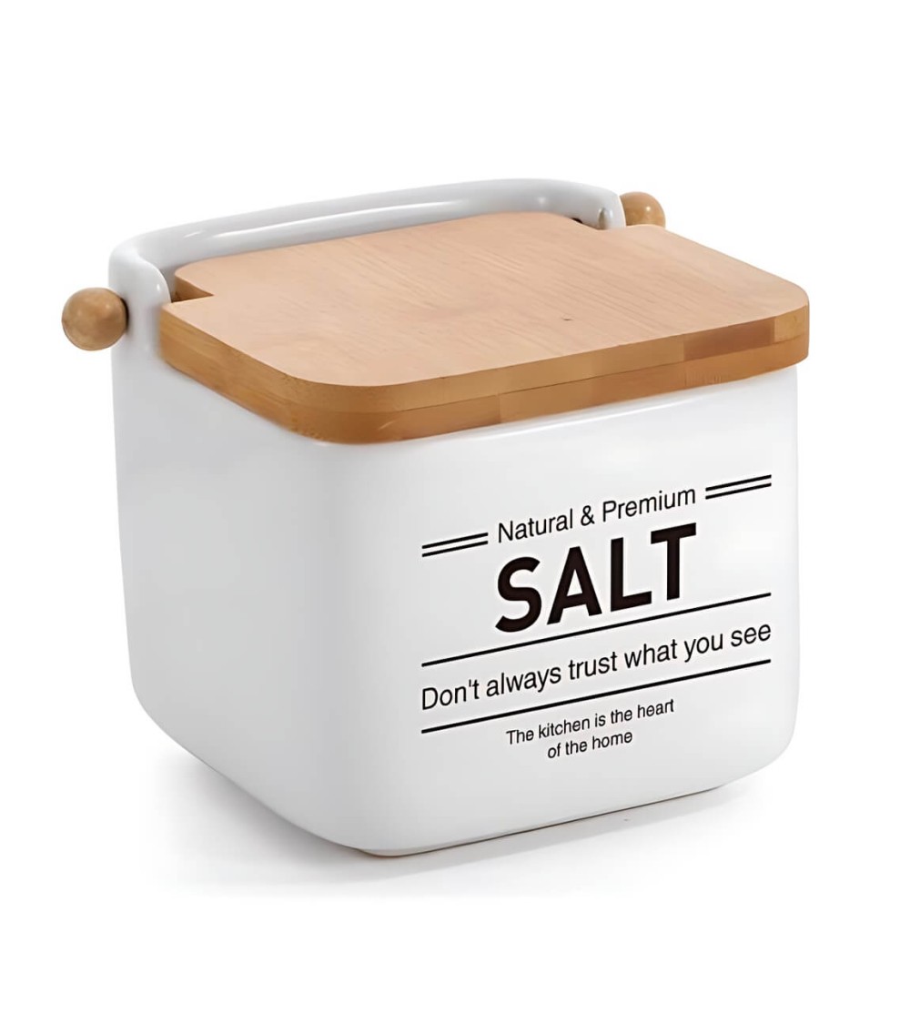 Dcasa Salero de cocina clasicos SALT de ceramica con tapa de madera bambu
