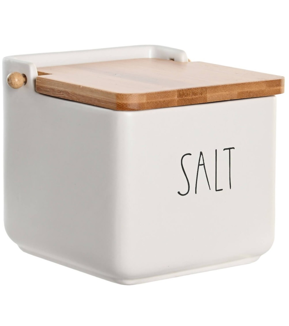 Dcasa Salero de cocina clasicos SALT de ceramica con tapa de madera bambu