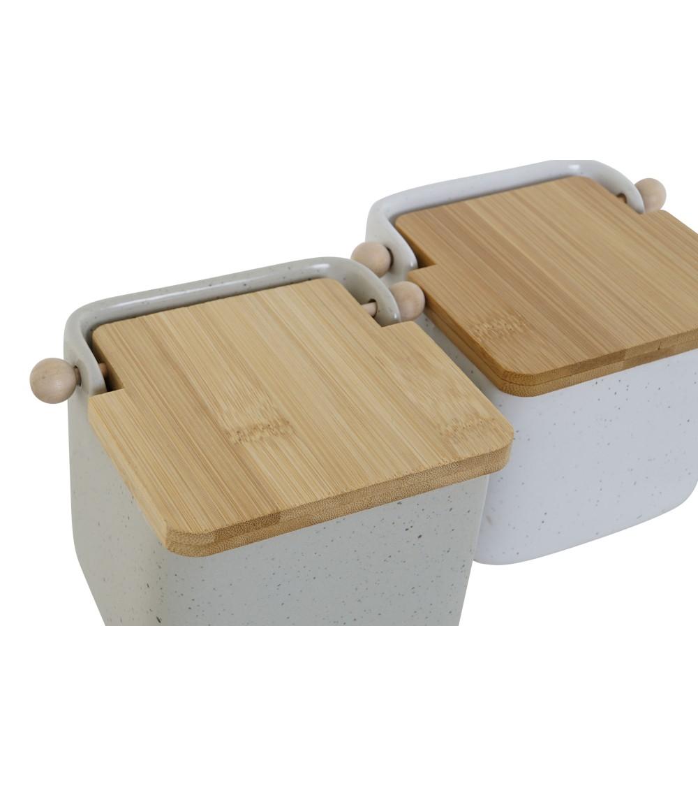 Dcasa Salero De Cocina Moderno Beige De Dolomite Con Tapa De Madera Bambu
