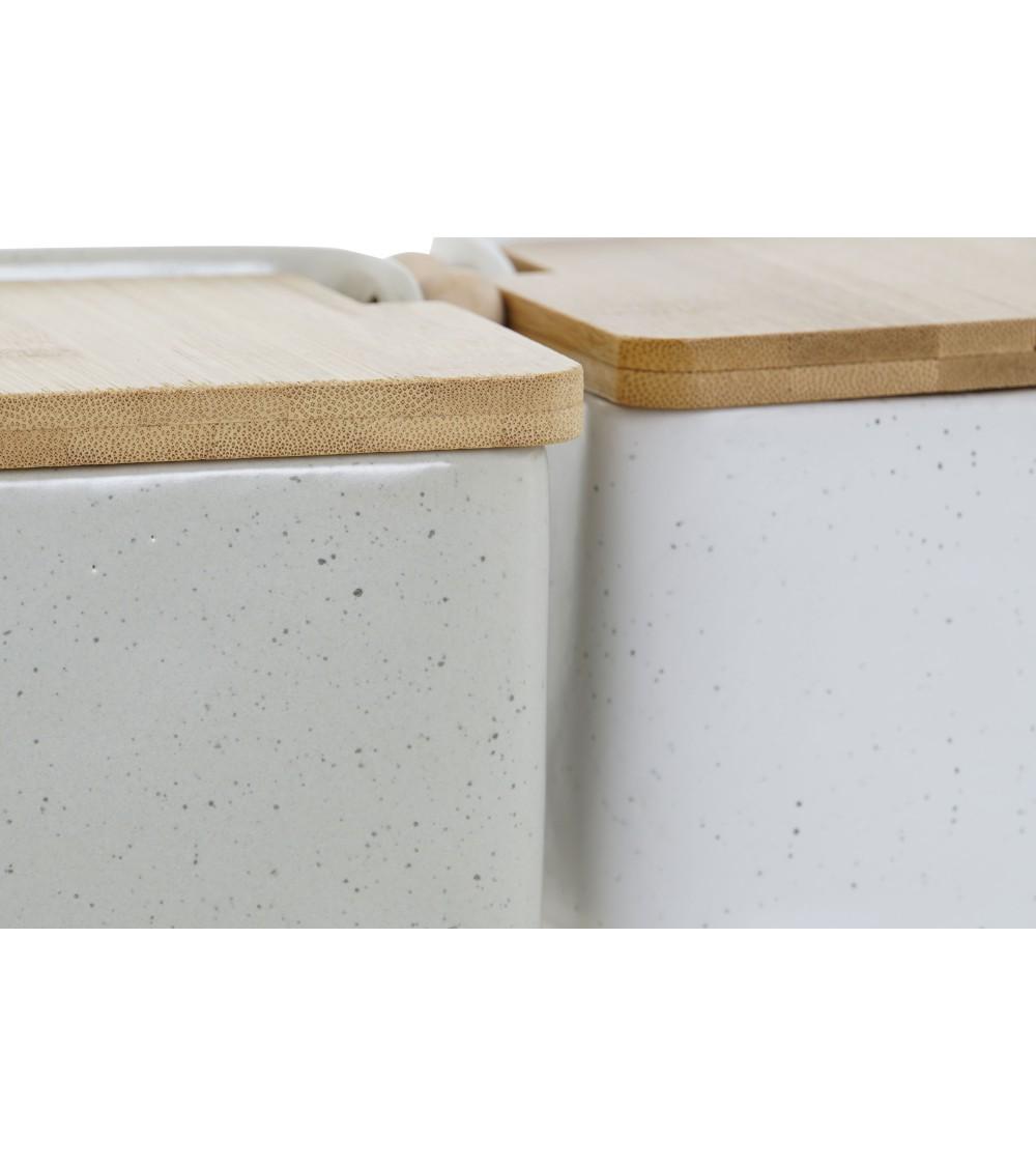 Dcasa Salero De Cocina Moderno Beige De Dolomite Con Tapa De Madera Bambu