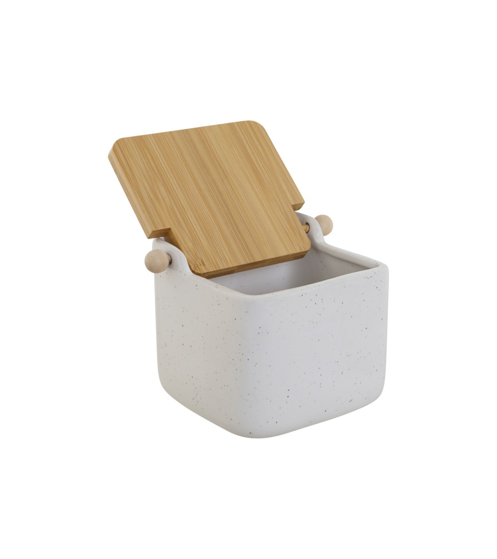 Dcasa Salero De Cocina Moderno Blanco De Dolomite Con Tapa De Madera Bambu