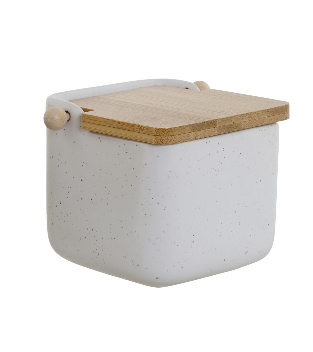 Dcasa Salero de cocina moderno blanco de dolomite con tapa de madera bambu