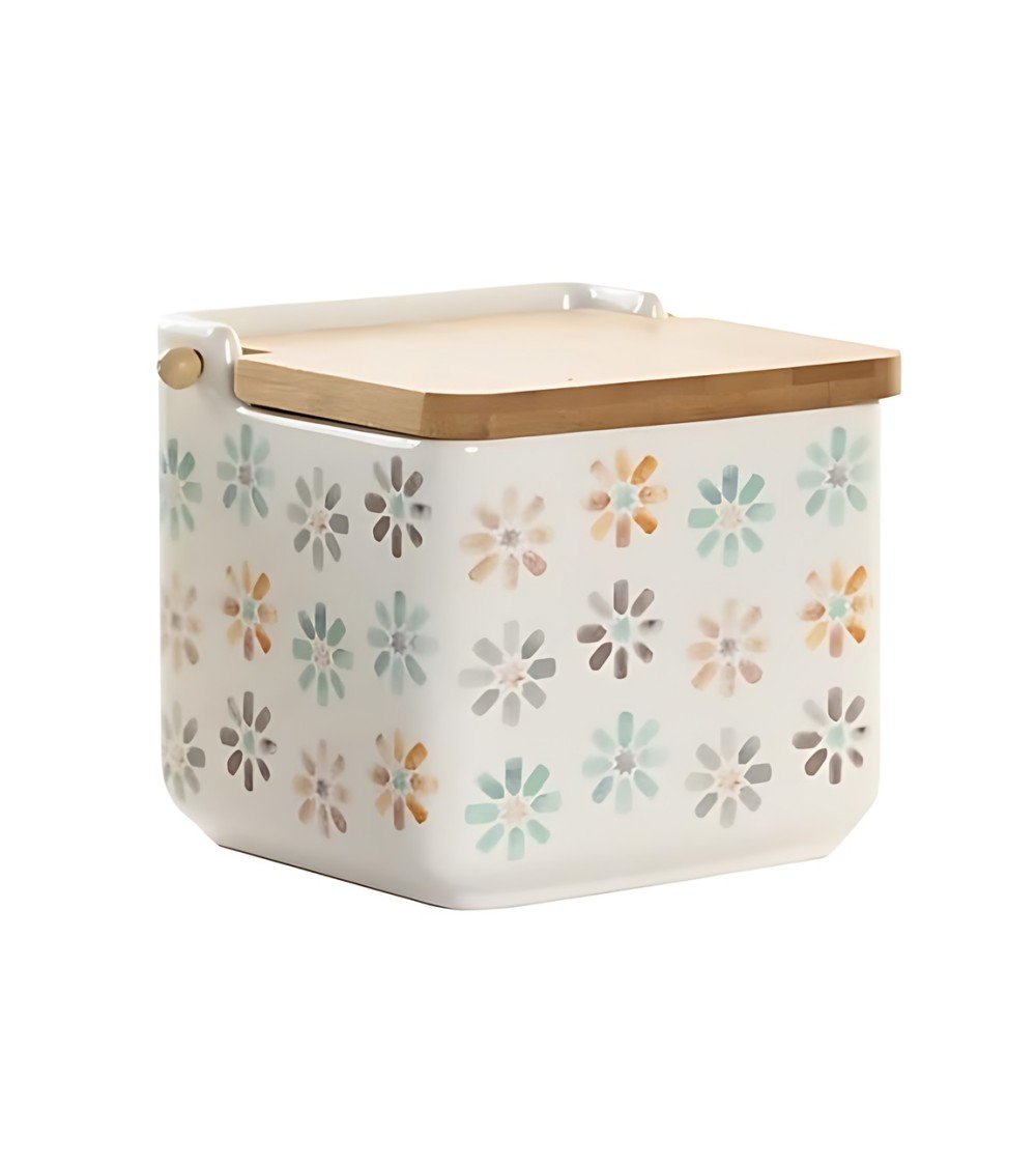 Dcasa Salero de cocina moderno colores urban de ceramica con tapa de madera bambu FLOR