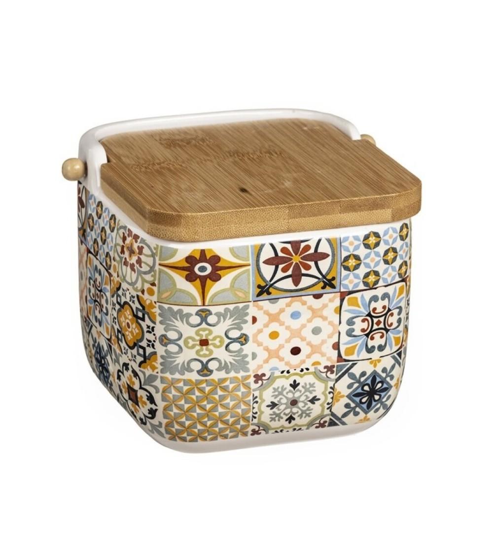 Dcasa Salero de cocina moderno mosaico de ceramica con tapa de madera bambu