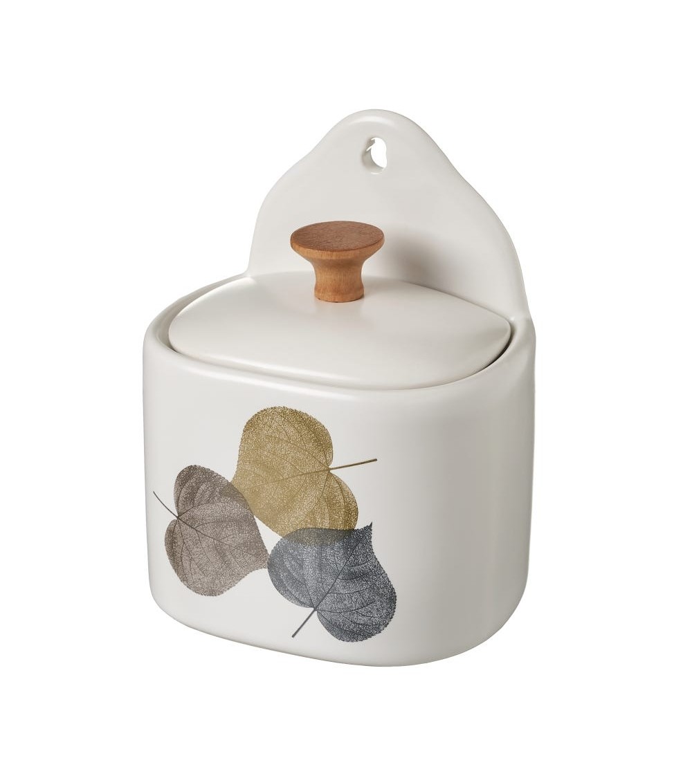 Dcasa Salero de hojas con tapa de stoneware blanco de 11x8x15 cm