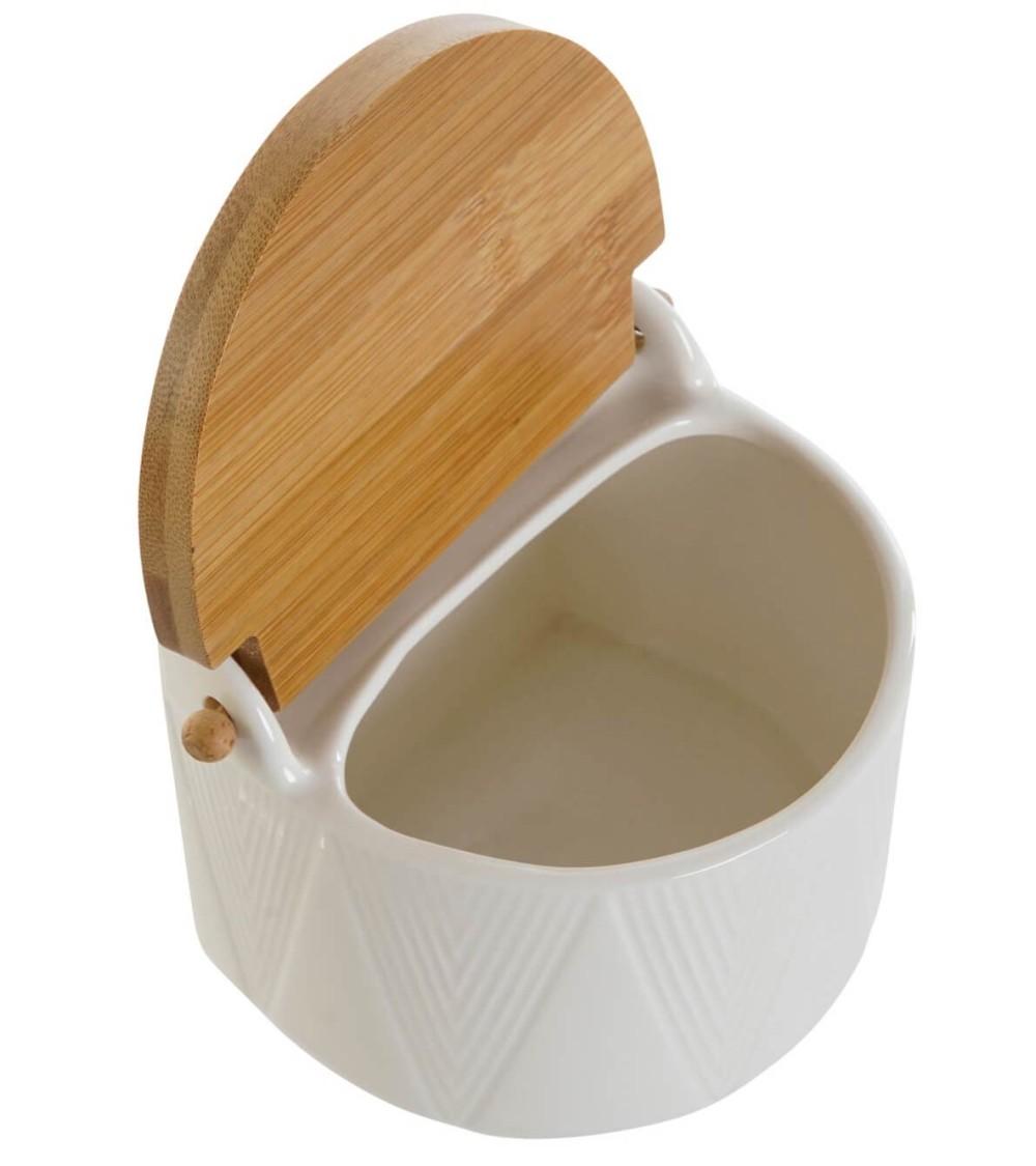 Dcasa Salero De Porcelana Blanco Con Tapa De Bambu Estilo Nordico
