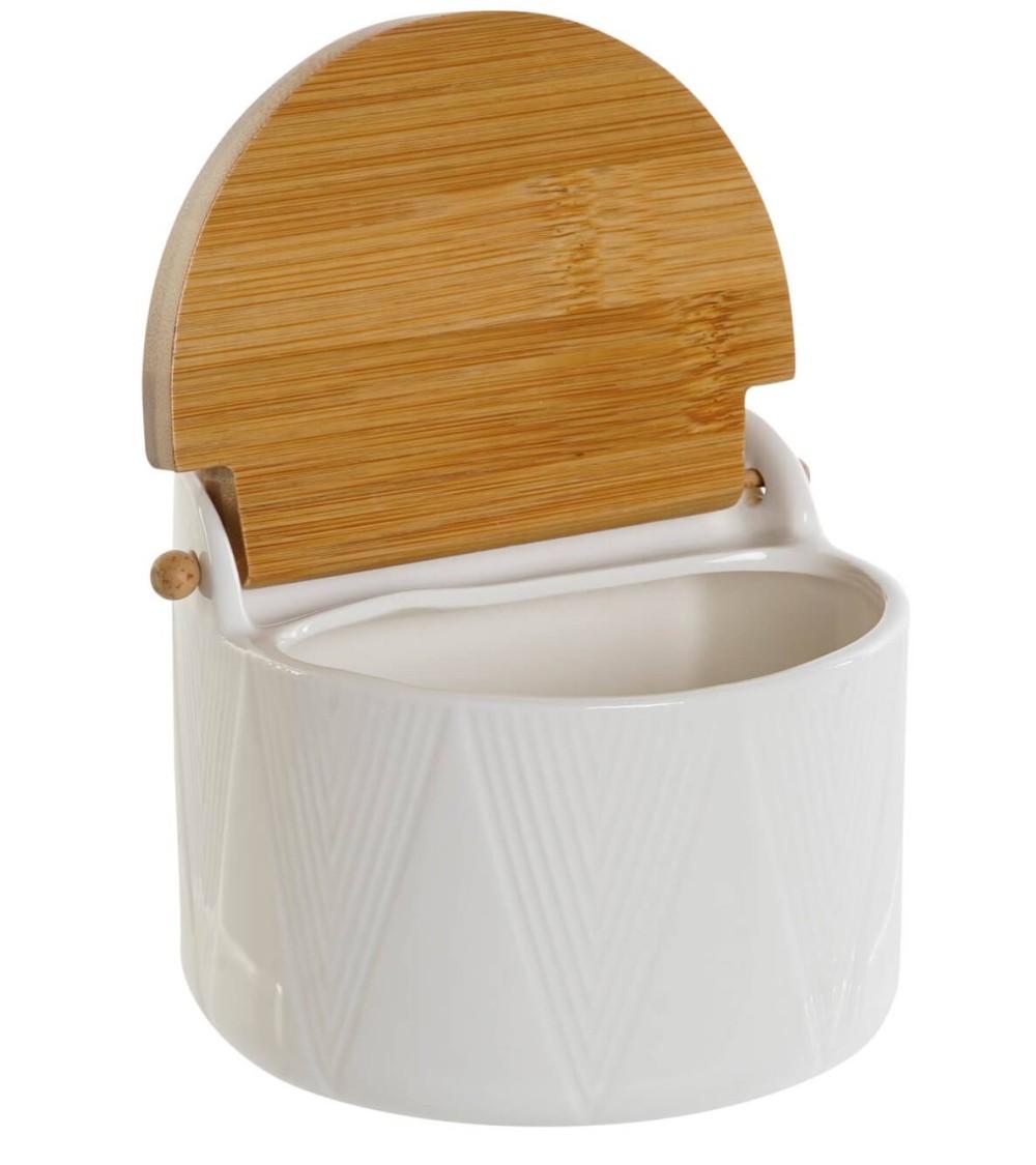 Dcasa Salero De Porcelana Blanco Con Tapa De Bambu Estilo Nordico
