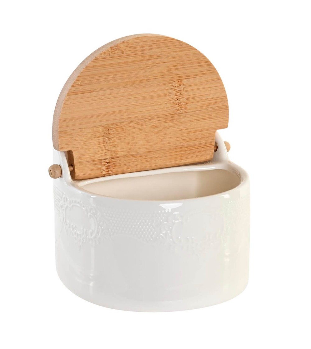 Dcasa Salero De Porcelana Blanco Con Tapa De Madera Estilo Nordico