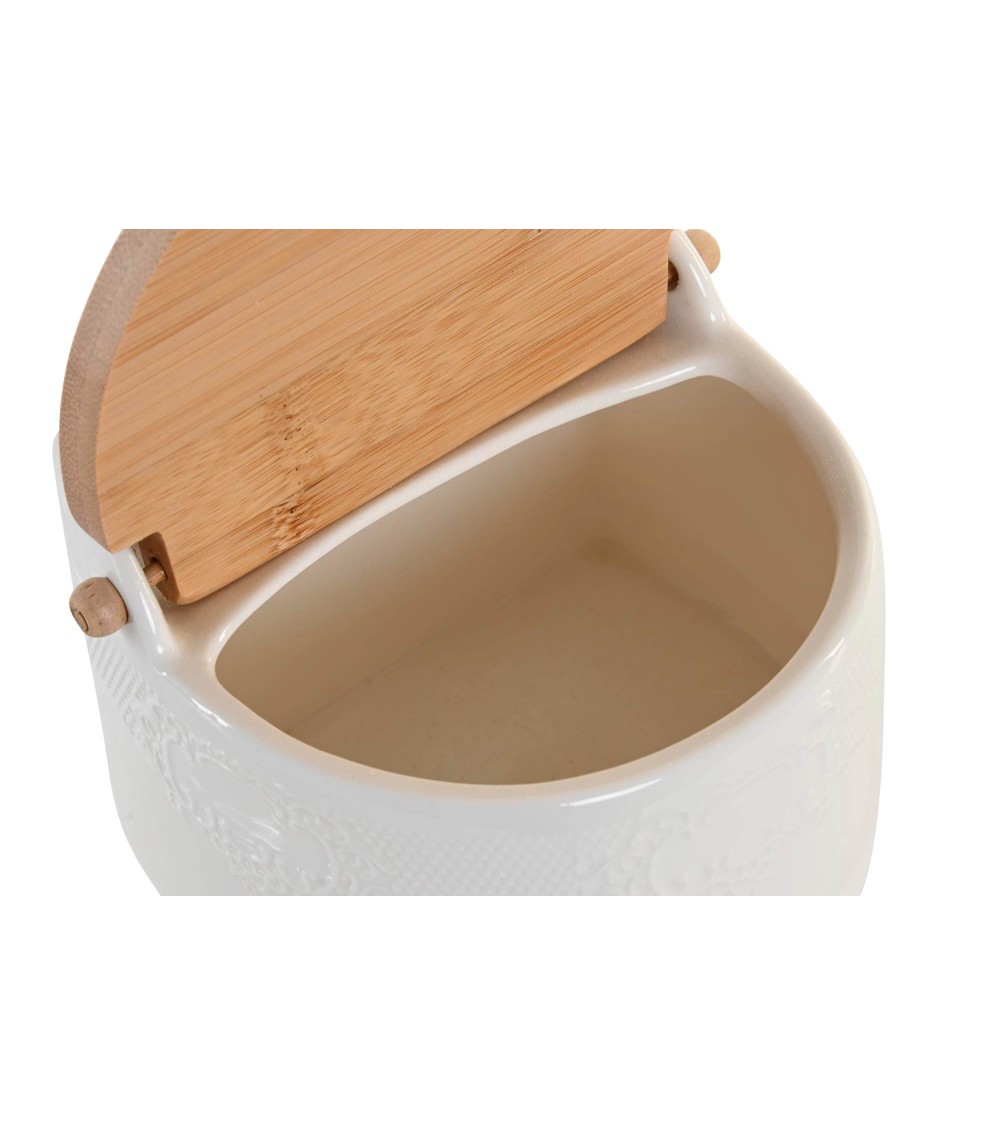 Dcasa Salero De Porcelana Blanco Con Tapa De Madera Estilo Nordico