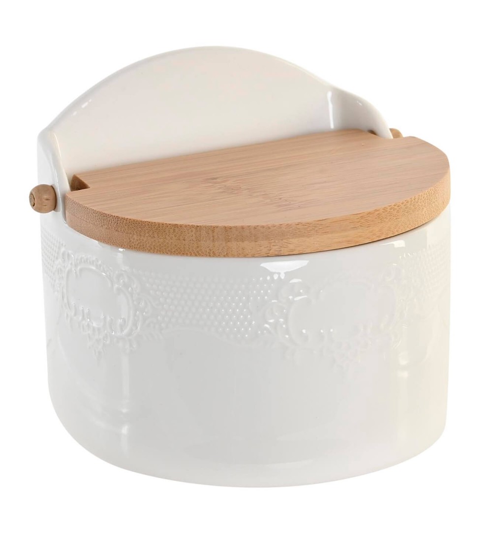 Dcasa Salero de porcelana blanco con tapa de madera estilo nordico