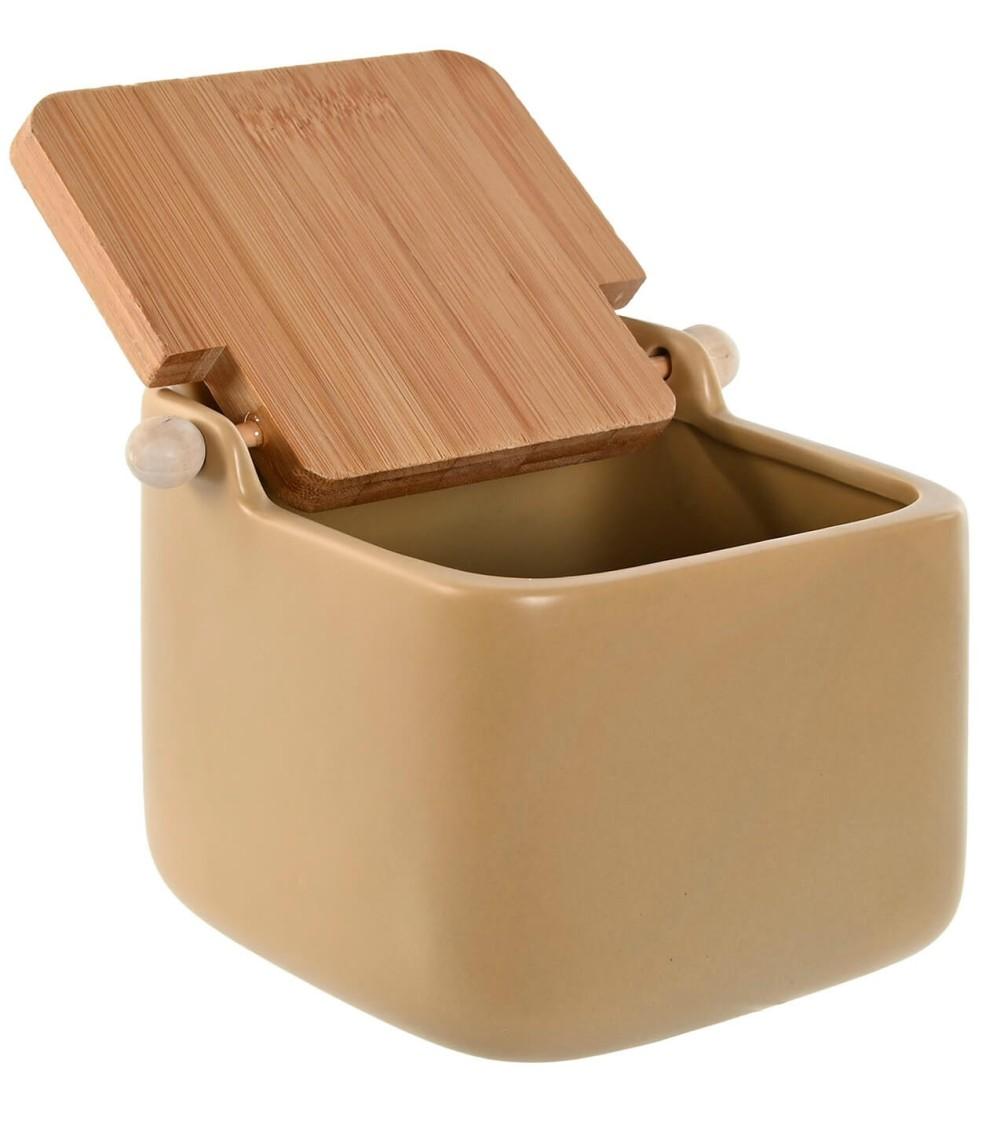 Dcasa Salero Gres Color Beige Pastal Con Tapa De Madera Bambu Para Cocina