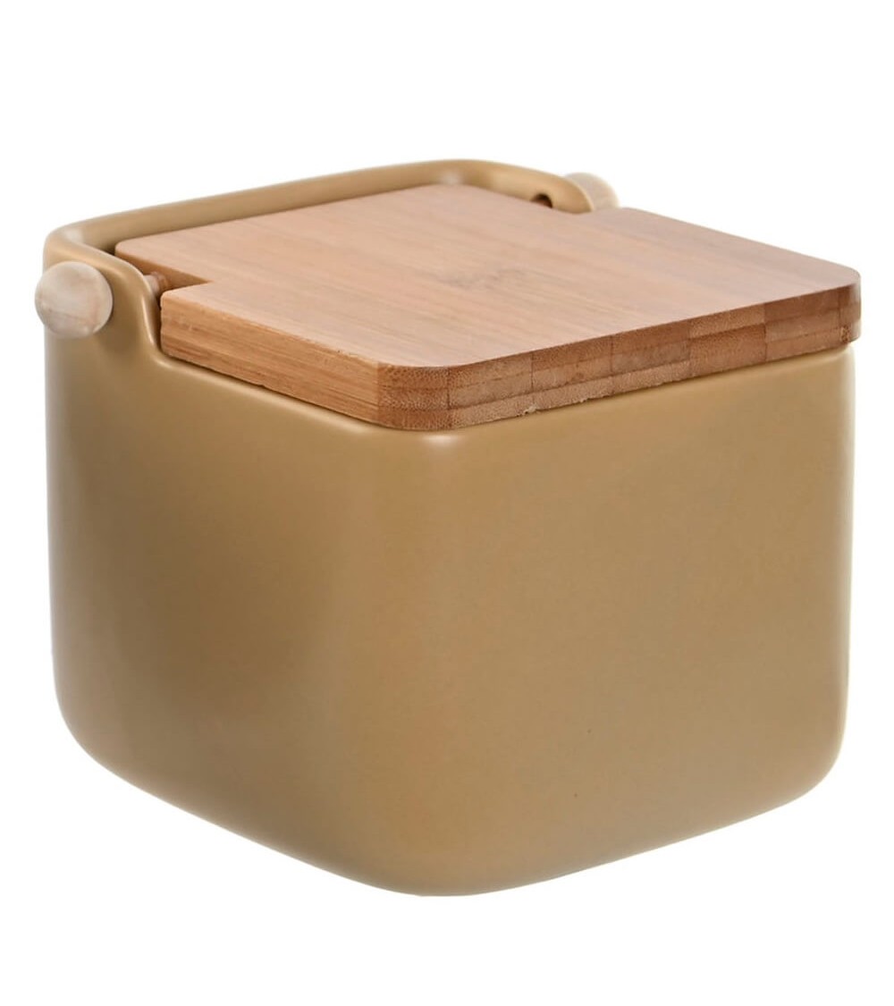 Dcasa Salero gres color beige pastal con tapa de madera bambu para cocina