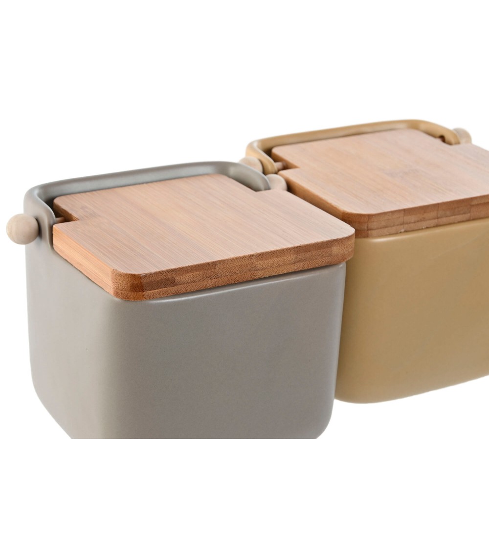 Dcasa Salero Gres Color Gris Pastal Con Tapa De Madera Bambu Para Cocina