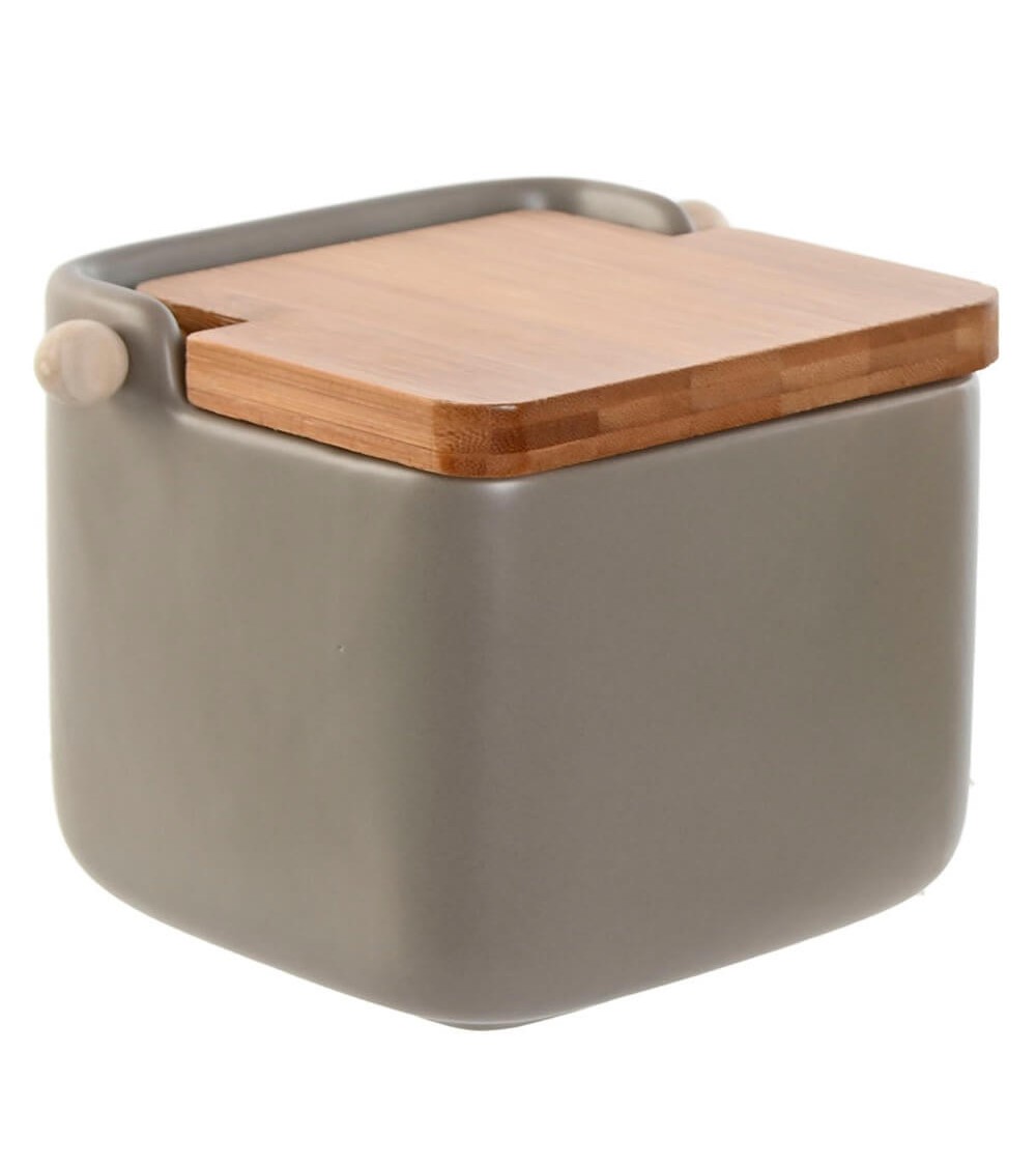 Dcasa Salero gres color gris pastal con tapa de madera bambu para cocina