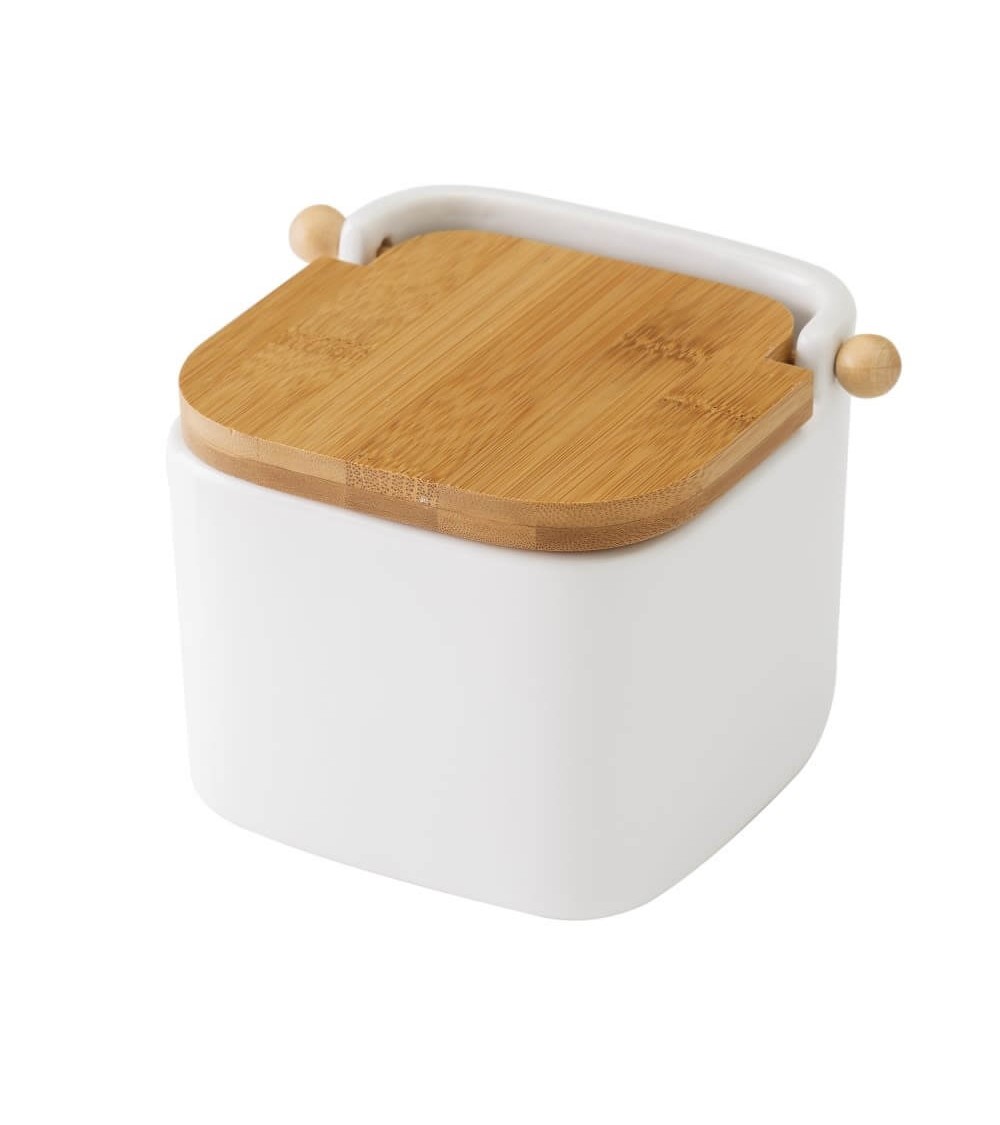Dcasa Salero Y Azucarero De Cocina Blanco De Ceramica Con Tapa De Madera