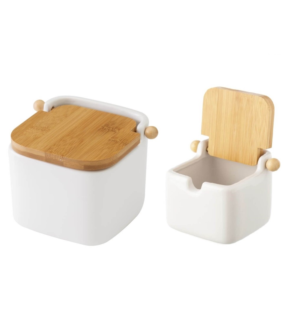 Dcasa Salero y azucarero de Cocina Blanco de Ceramica con Tapa de Madera