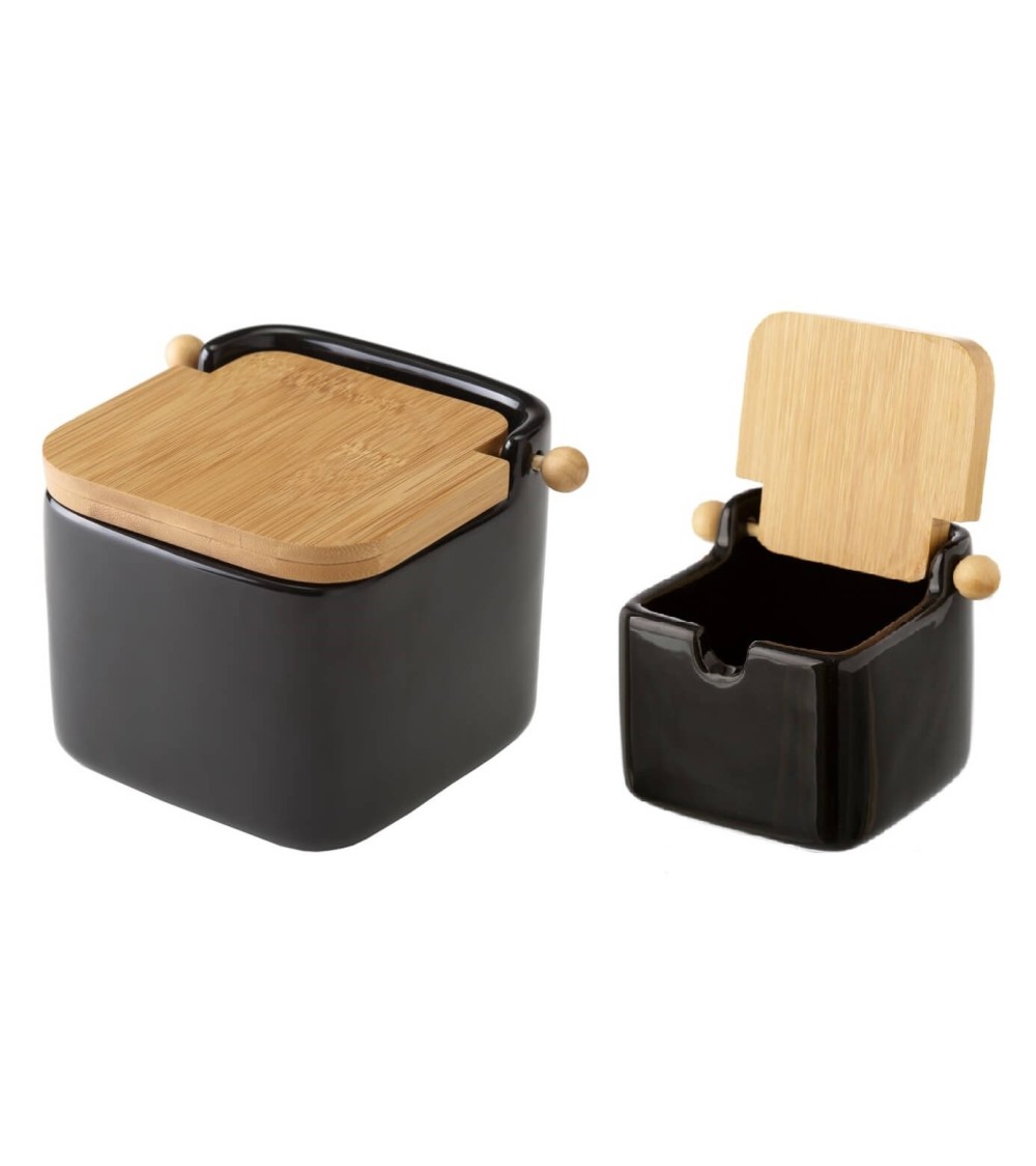 Dcasa Salero y azucarero de cocina negro de ceramica con tapa de madera
