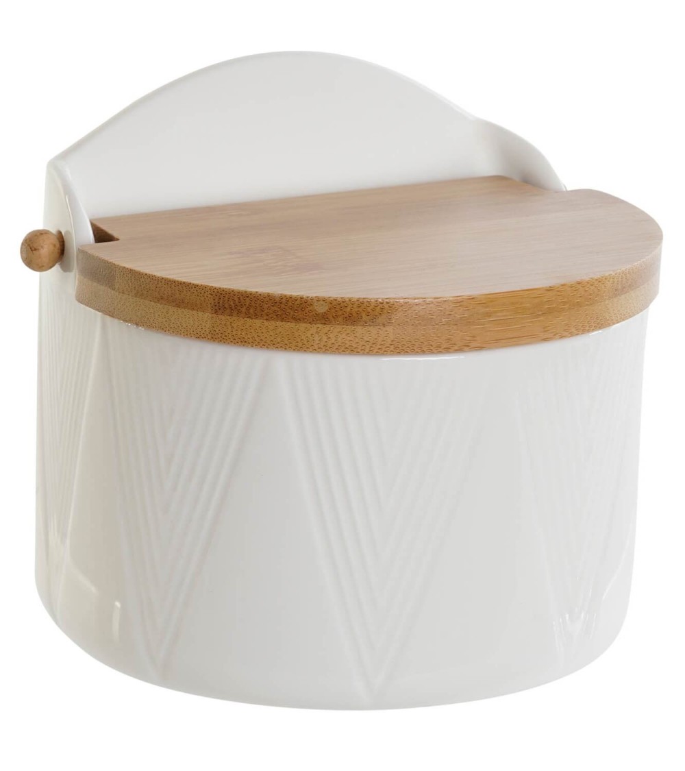 Dcasa Salero Y Azucarero De Porcelana Blanco Con Tapa De Bambu Estilo Nordico
