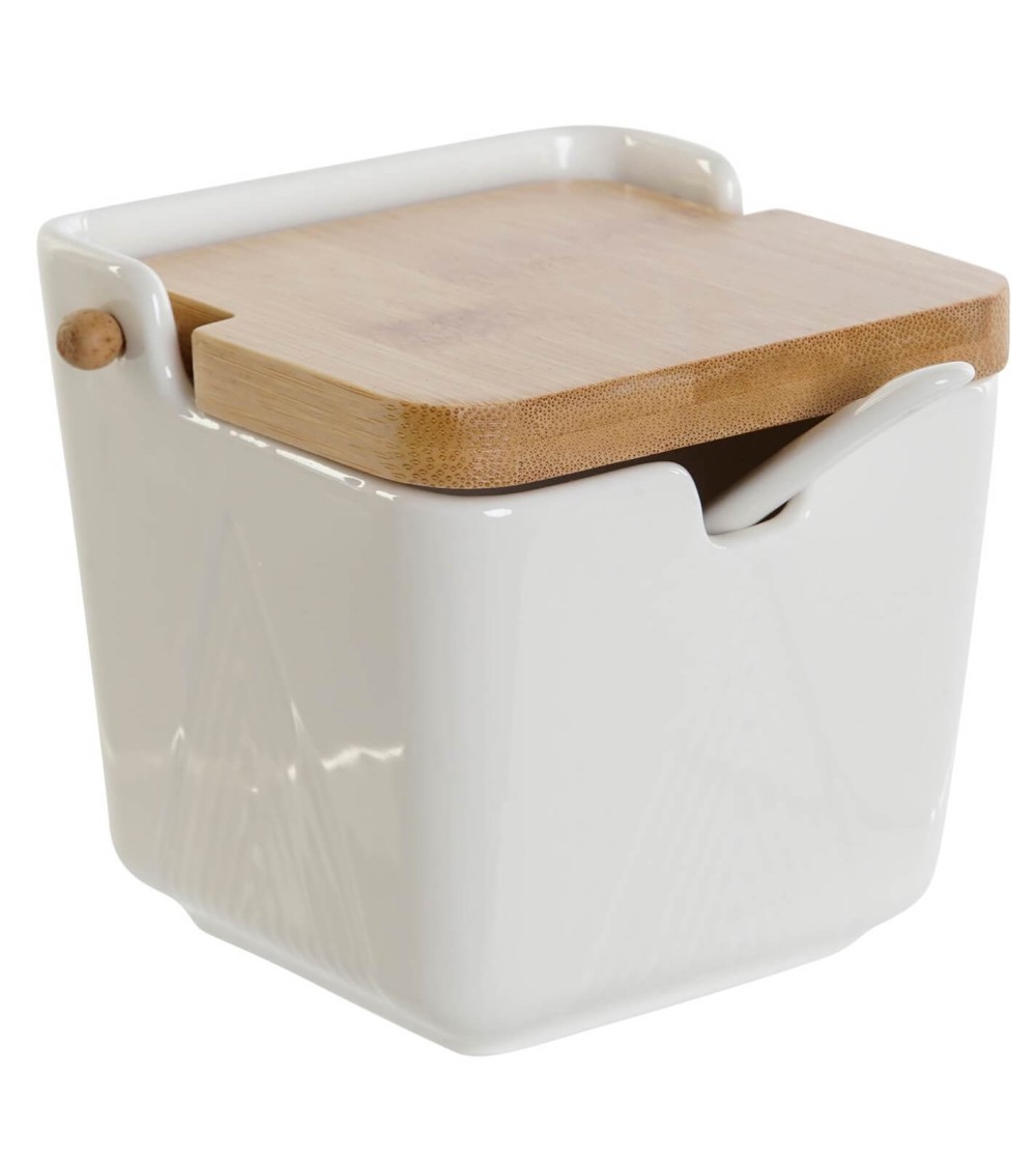 Dcasa Salero Y Azucarero De Porcelana Blanco Con Tapa De Bambu Estilo Nordico